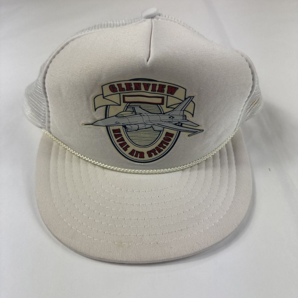 Vtg‎ Nissin Adjustable Trucker Hat Glenview Naval Air Station Cap White Mesh